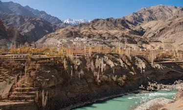 Beautiful mountainous landscape in Ladakh with a monastery, river, and scenic views.
