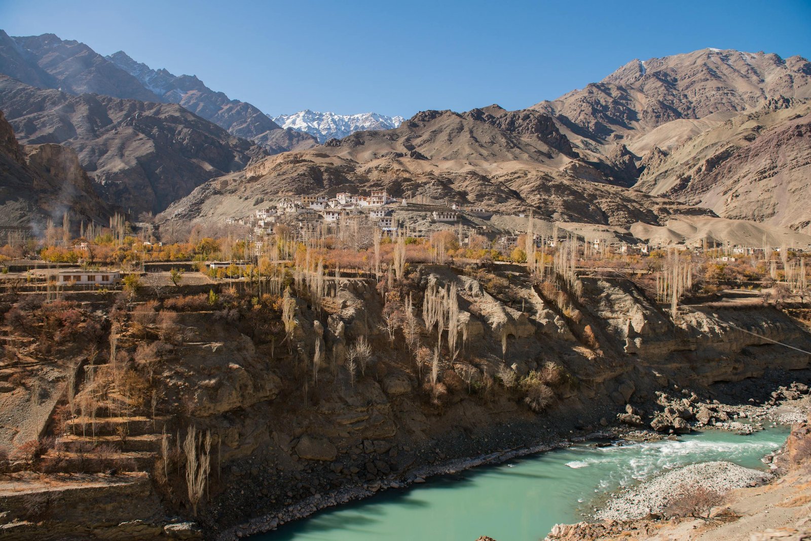 Beautiful mountainous landscape in Ladakh with a monastery, river, and scenic views.