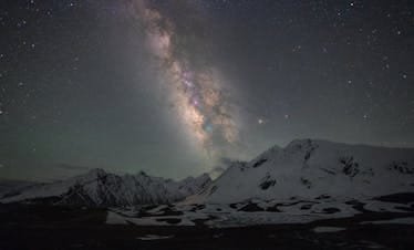 Breathtaking nightscape of the Milky Way above the snowy peaks of Zanskar mountains.